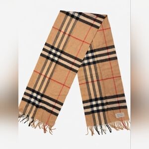 Burberry Cashmere Check Fringe Scarf Beige Black Red White Twill 64x12in